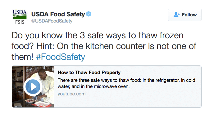 Do you know the 3 safe ways to thaw frozen food? Hint: On the kitchen counter is not one of them! #FoodSafety