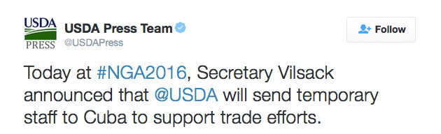 Today at #NGA2016, Secretary Vilsack announced that @USDA will send temporary staff to Cuba to support trade efforts.