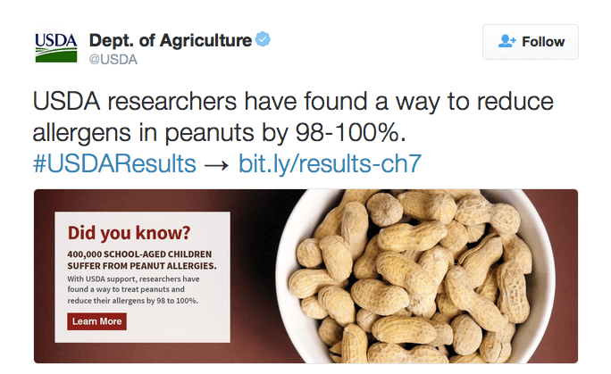 USDA researchers have found a way to reduce allergens in peanuts by 98-100%. #USDAResults → http://bit.ly/results-ch7 