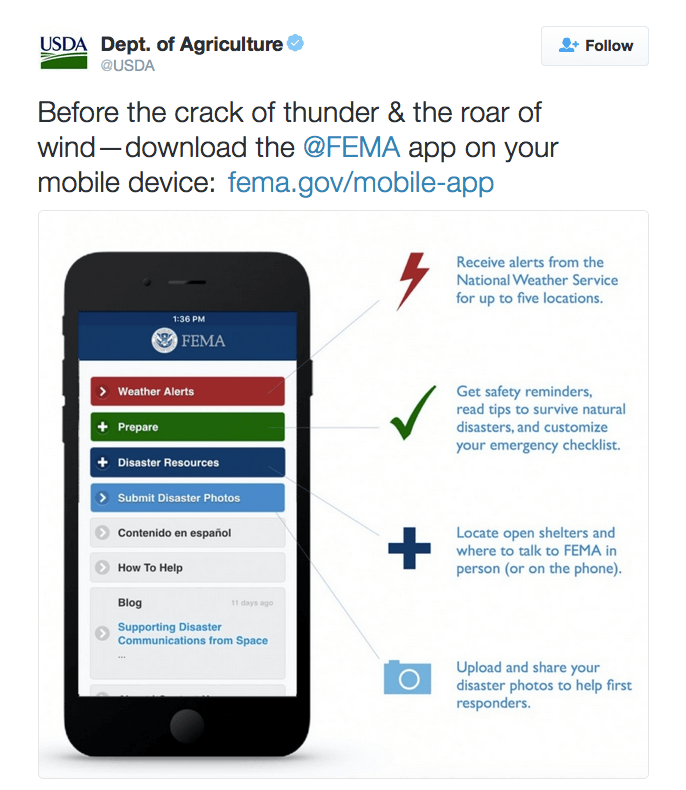 Before the crack of thunder & the roar of wind—download the @FEMA app on your mobile device: http://www.fema.gov/mobile-app 