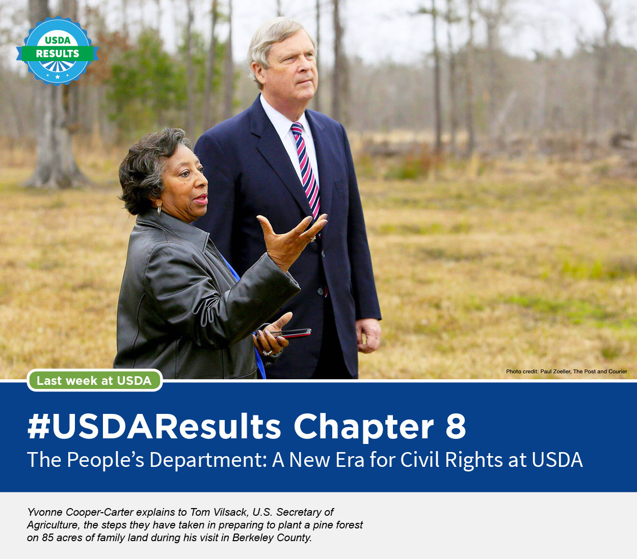 Yvonne Cooper-Carter explains to Tom Vilsack, U.S. Secretary of Agriculture, the steps they have taken in preparing to plant a pine forest on 85 acres