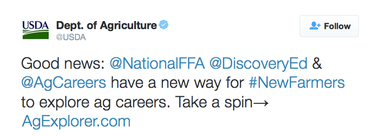 Good news: @NationalFFA @DiscoveryEd & @AgCareers have a new way for #NewFarmers to explore ag careers. Take a spin→ http://AgExplorer.com 