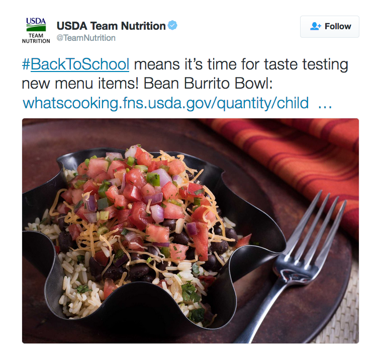 #BackToSchool means it’s time for taste testing new menu items! Bean Burrito Bowl: http://whatscooking.fns.usda.gov/quantity/child-nutrition-cnp/bean-