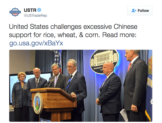 United States challenges excessive Chinese support for rice, wheat, & corn. Read more: http://go.usa.gov/xBaYx 