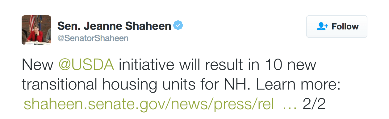 New @USDA initiative will result in 10 new transitional housing units for NH. Learn more: https://www.shaheen.senate.gov/news/press/release/?id=a7cb7e
