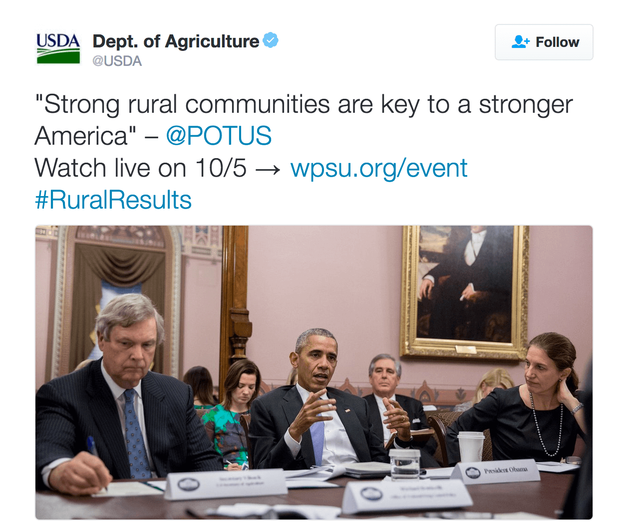 "Strong rural communities are key to a stronger America" – @POTUS Watch live on 10/5 → http://wpsu.org/event  #RuralResults