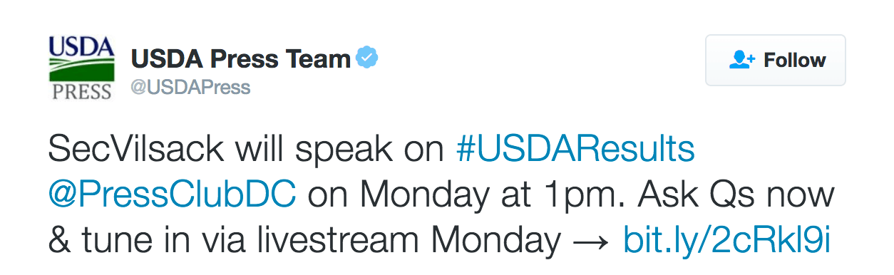 SecVilsack will speak on #USDAResults @PressClubDC on Monday at 1pm. Ask Qs now & tune in via livestream Monday → http://bit.ly/2cRkl9i 