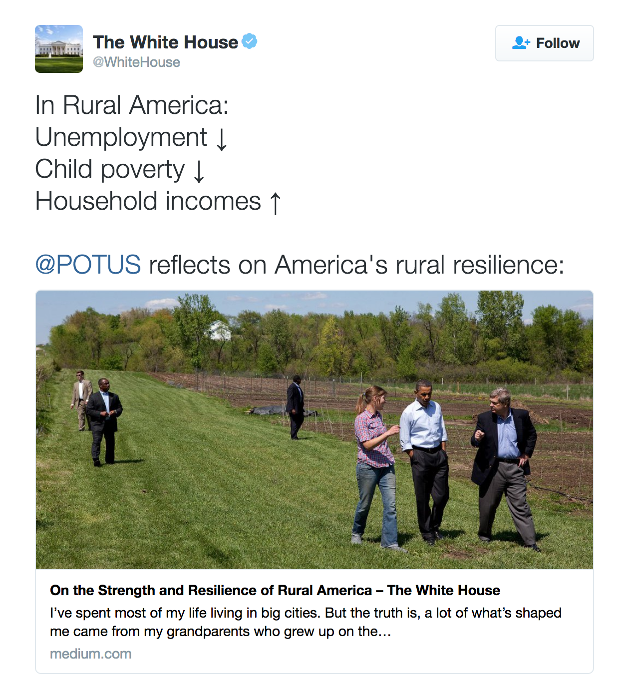 In Rural America: Unemployment ↓ Child poverty ↓ Household incomes ↑ @POTUS reflects on America's rural resilience: