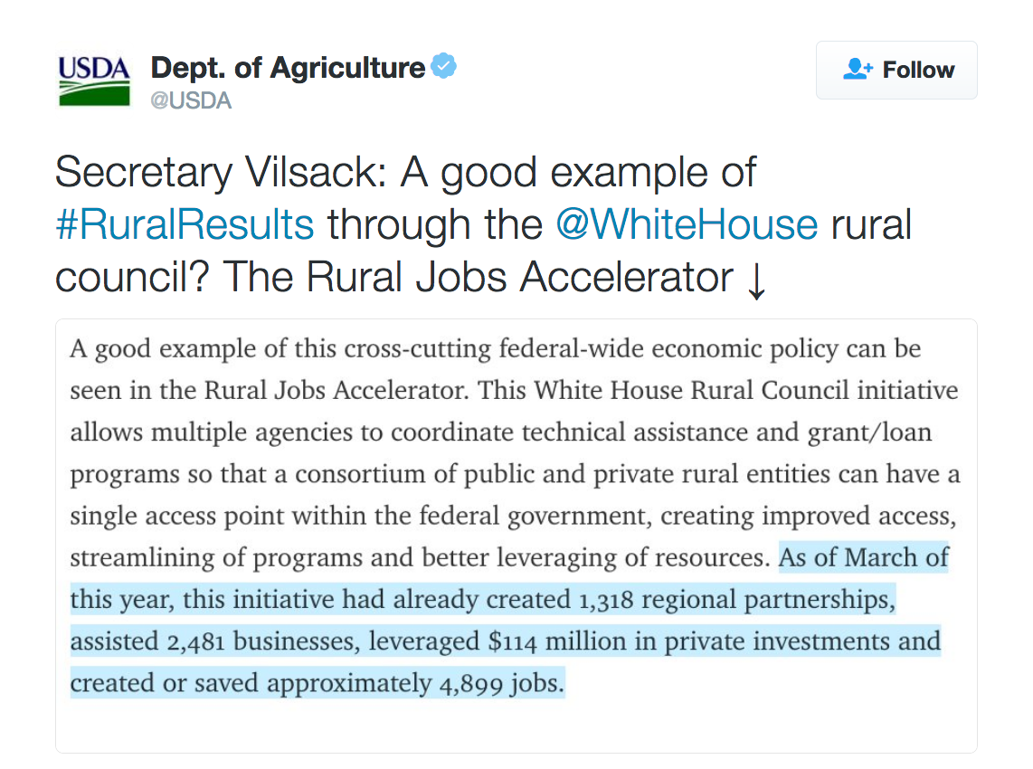 Secretary Vilsack: A good example of #RuralResults through the @WhiteHouse rural council? The Rural Jobs Accelerator ↓