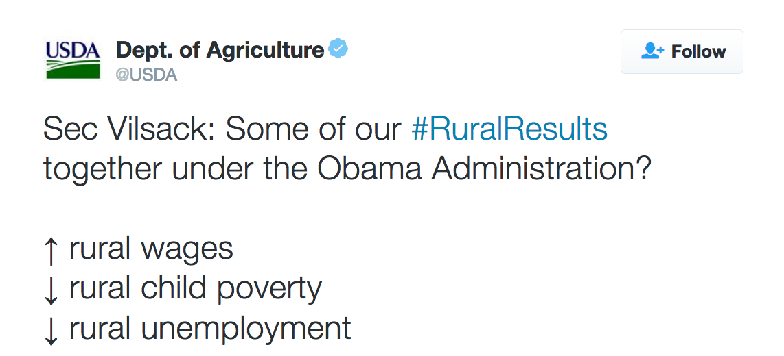 Sec Vilsack: Some of our #RuralResults together under the Obama Administration? ↑ rural wages ↓ rural child poverty ↓ rural unemployment
