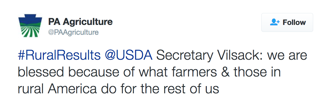 #RuralResults @USDA Secretary Vilsack: we are blessed because of what farmers & those in rural America do for the rest of us