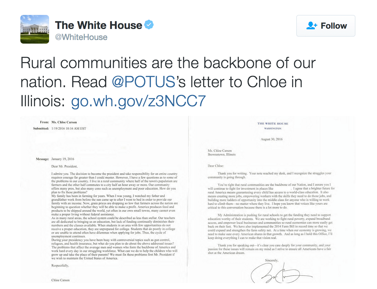 Rural communities are the backbone of our nation. Read @POTUS’s letter to Chloe in Illinois: http://go.wh.gov/z3NCC7 