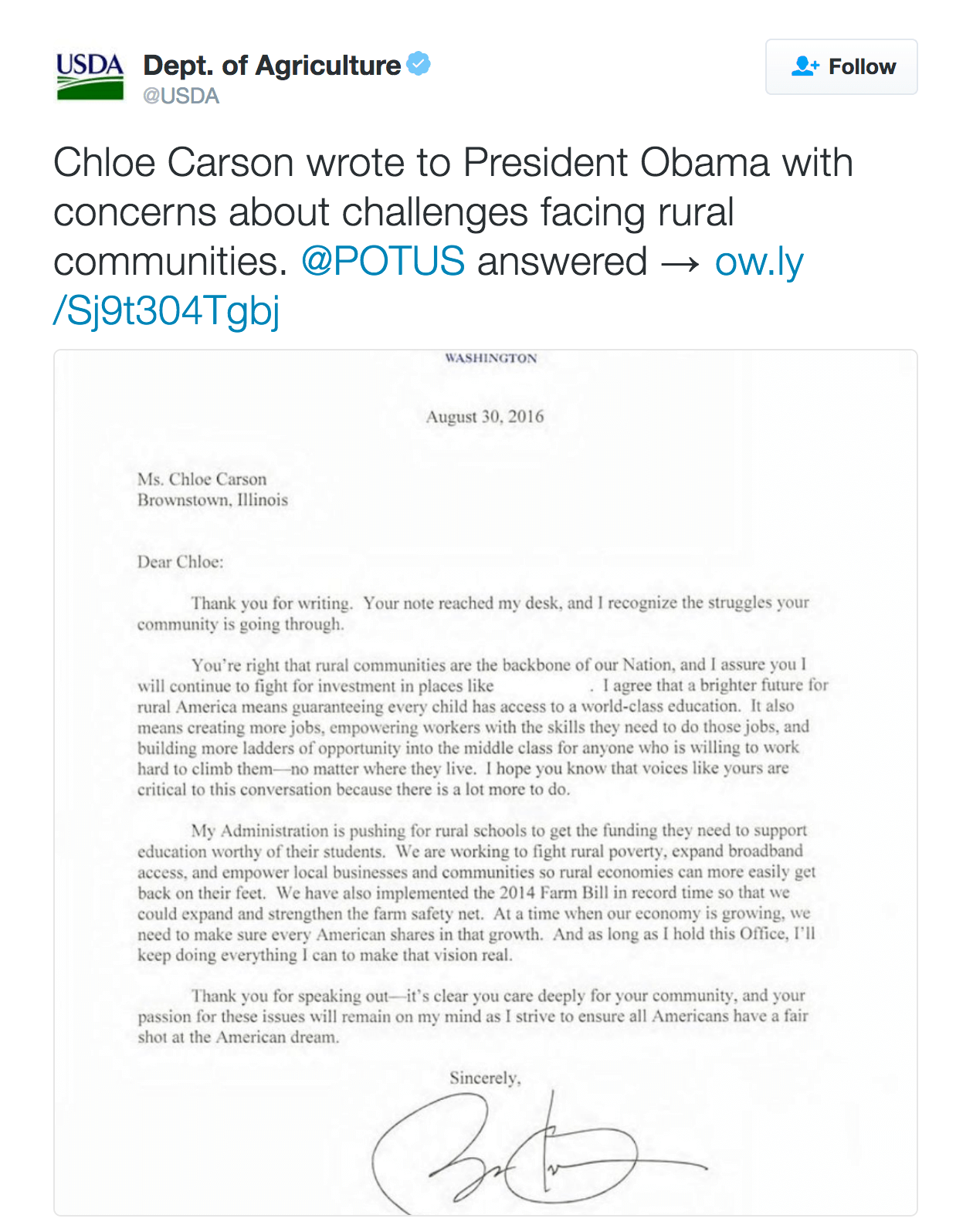Chloe Carson wrote to President Obama with concerns about challenges facing rural communities. @POTUS answered → http://ow.ly/Sj9t304Tgbj 