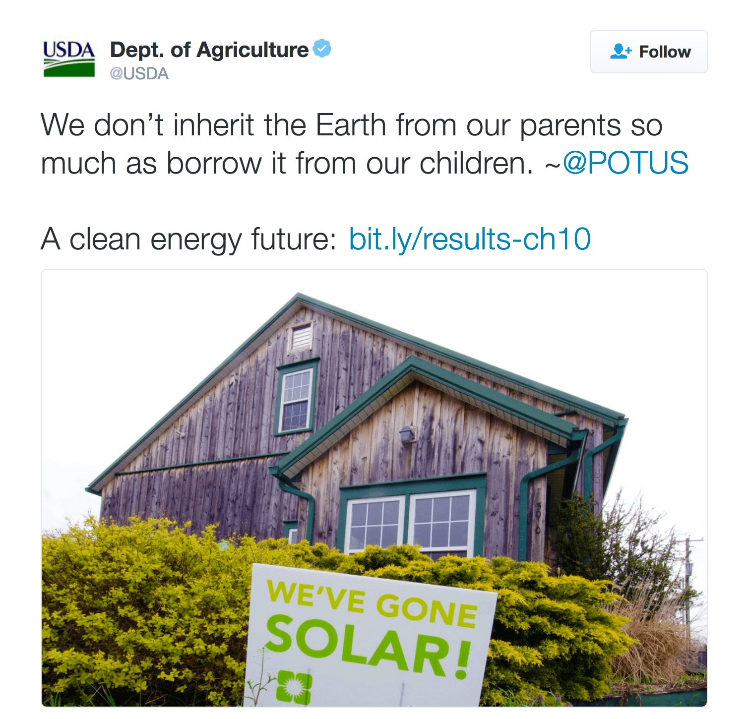 We don’t inherit the Earth from our parents so much as borrow it from our children. ~@POTUS A clean energy future: http://bit.ly/results-ch10 