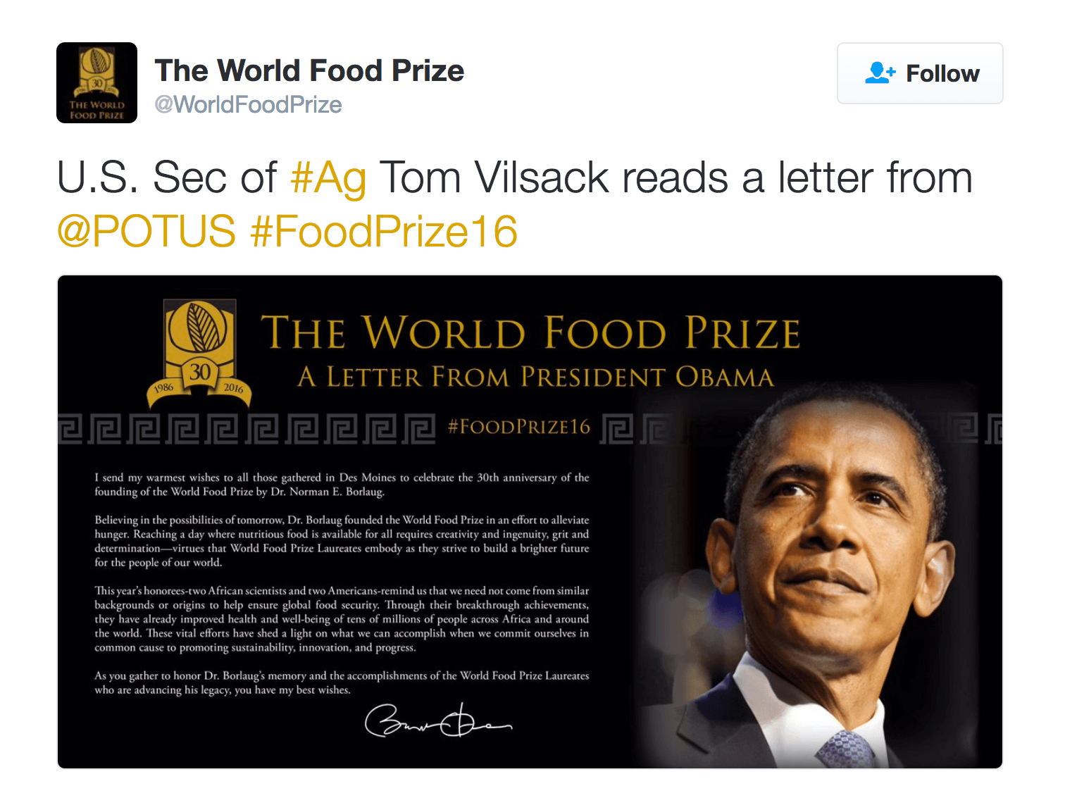 U.S. Sec of #Ag Tom Vilsack reads a letter from @POTUS #FoodPrize16