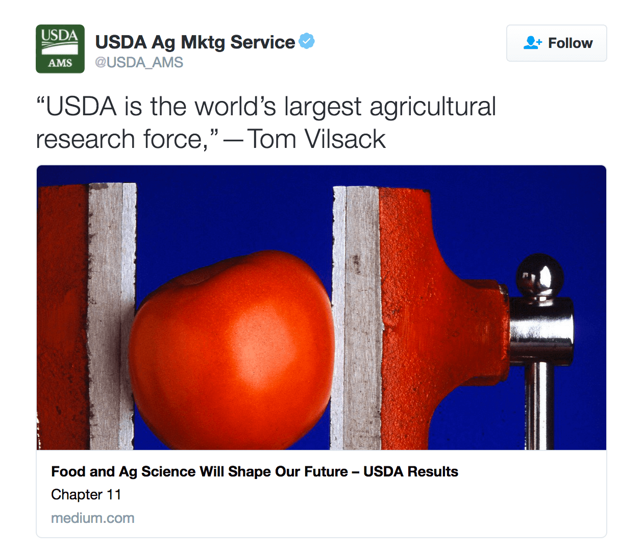 “USDA is the world’s largest agricultural research force,” — Tom Vilsack
