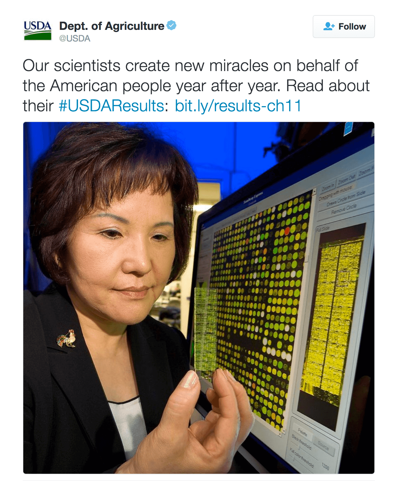 Our scientists create new miracles on behalf of the American people year after year. Read about their #USDAResults: http://bit.ly/results-ch11 