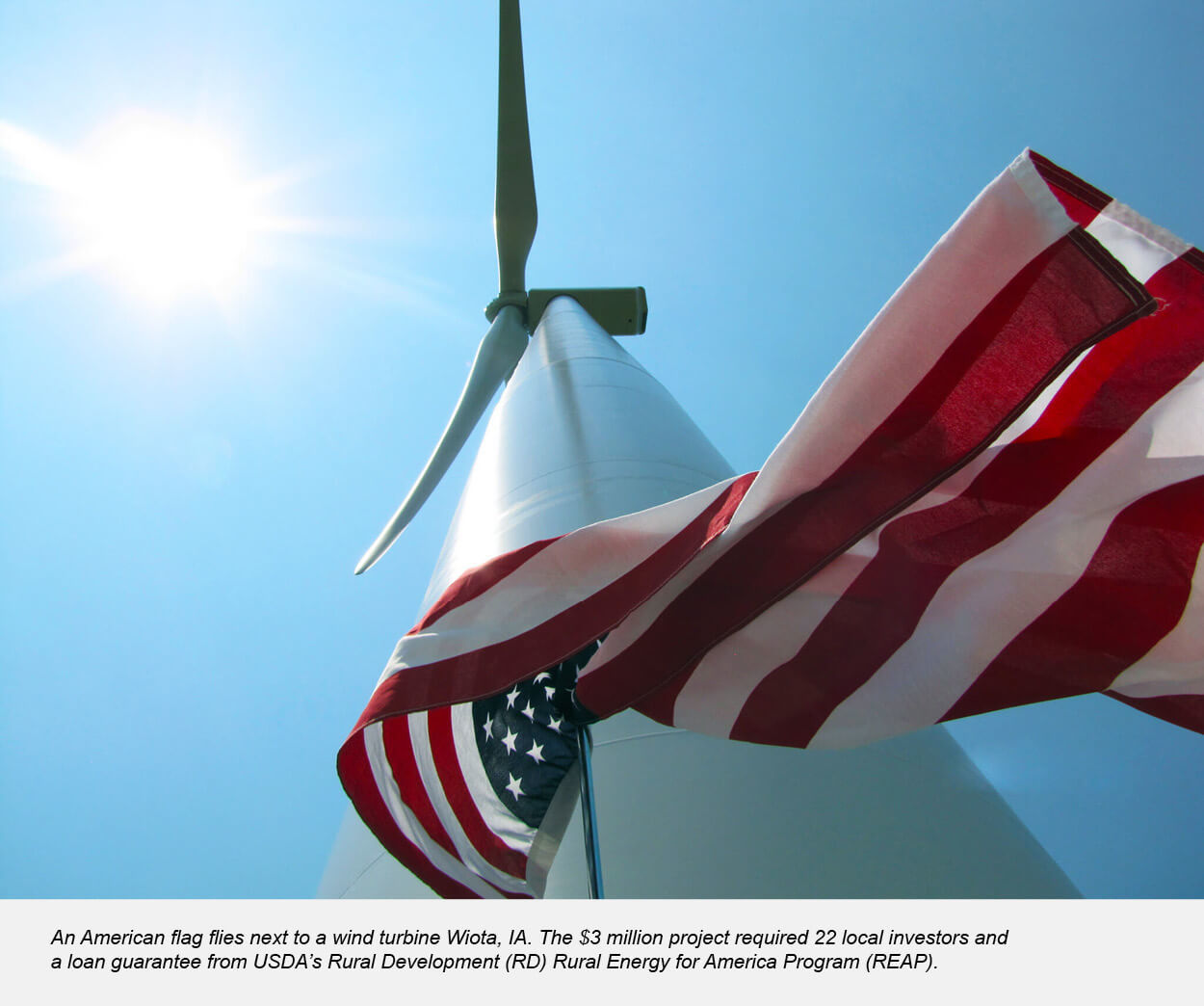 An American flag flies next to a wind turbine Wiota, IA. The $3 million project required 22 local investors and a loan guarantee from USDA’s Rural Dev