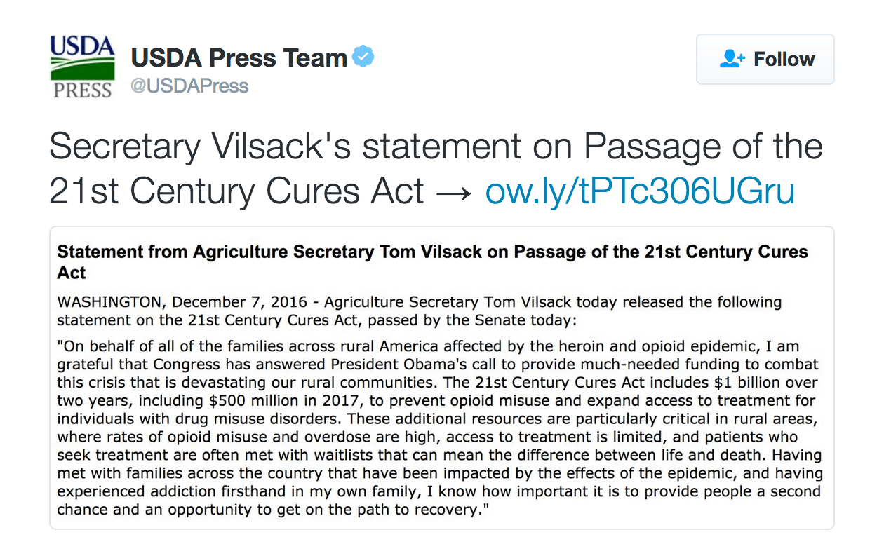 Secretary Vilsack's statement on Passage of the 21st Century Cures Act → http://ow.ly/tPTc306UGru