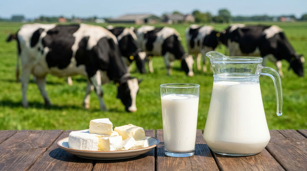 Fresh milk and dairy products on farm table with grazing cows in green pasture countryside