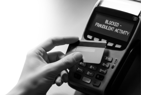A person putting a card with a message saying blocked - fraudulent activity