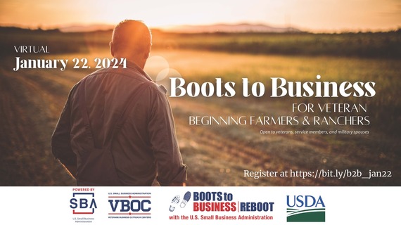 Man facing beach and following language;  Virtual January 22, 2024  Boots to Business for veteran beginning farmers and ranchers 