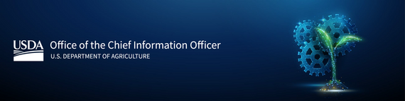 USDA OCIO logo on a blue background. On the right, a digital plant grows in front of digital gears
