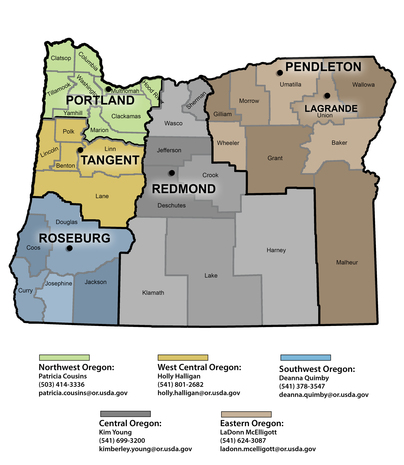 Map of Rural Development's Community Programs service areas in Oregon