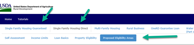 Screenshot of the Eligibility Website showing how to access the Proposed Ineligible Areas