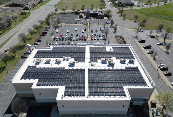Roof mounted solar panels on the Zeus Digital Theater in Waynesboro