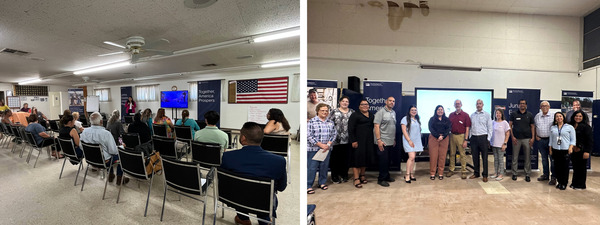 Two images are side by side: each depicts a group of people gathered to listen to a speaker.