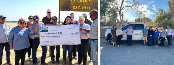 Two images are side by side: on the left a group of people hold a giant check, on the right a group of people stand in front of a truck.