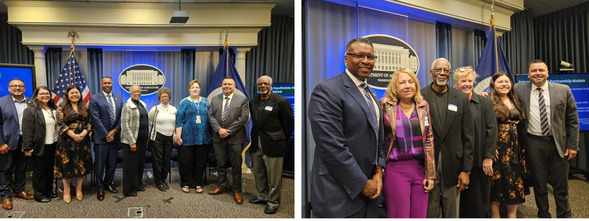 Two side by side images of groups smiling at an event.