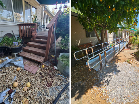 Two images shown side by side show a staircase (left) replaced with a ramp (right).