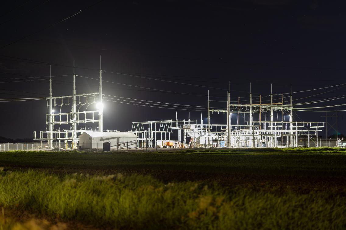 Minnkota Power Cooperative's Walle Substation lit up at night. Photo by Minnkota. 