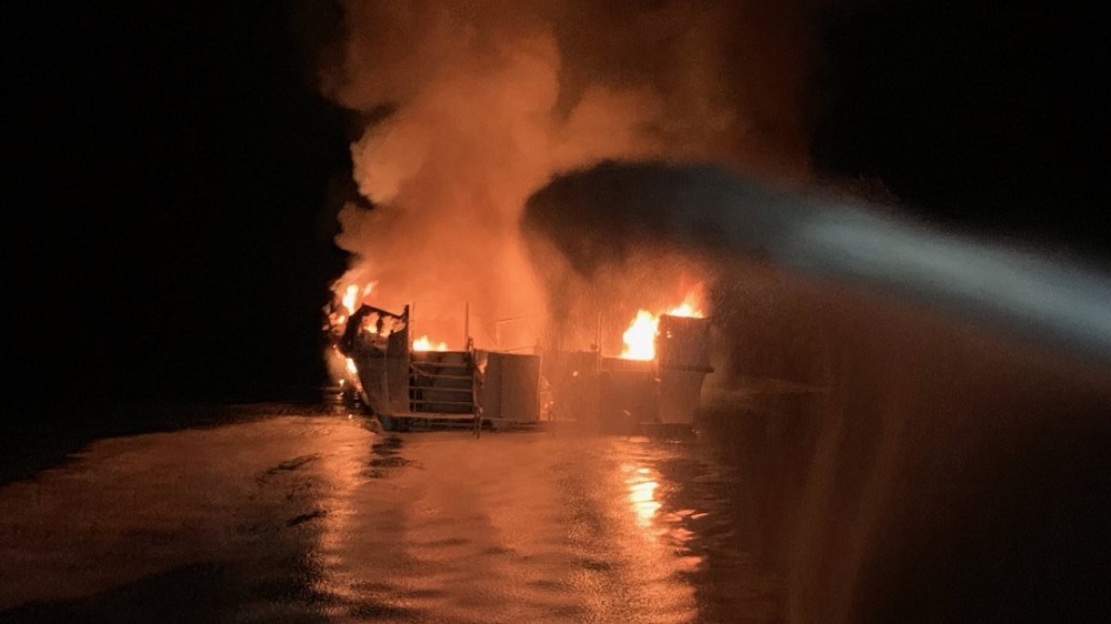 On September 2, 2019, firefighters extinguish the burning diving boat Conception off the coast of Santa Cruz island, California.