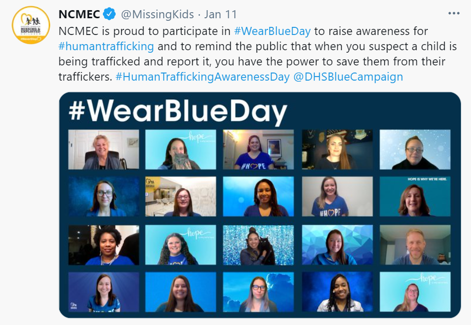 people wearing blue in a virtual meeting. 