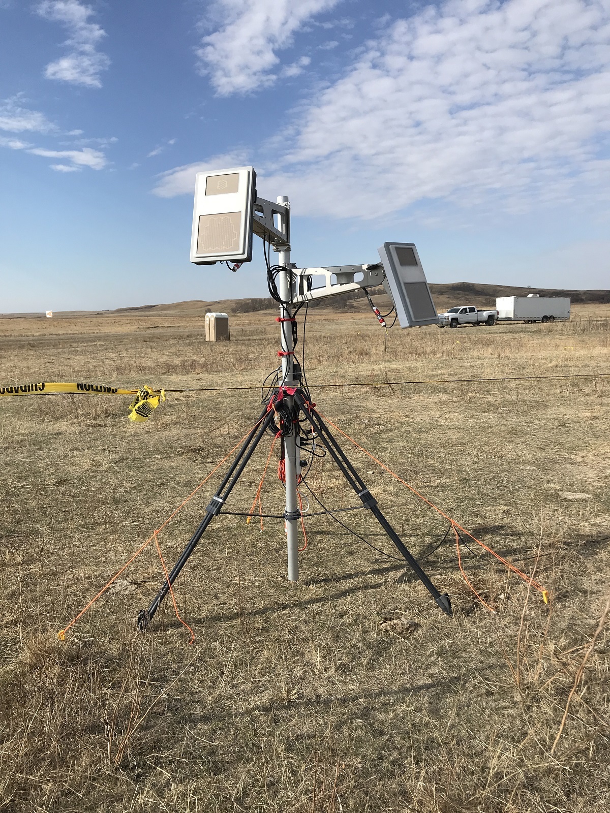 A Fortem Technologies, Inc. radar system stands in a field at Camp Grafton.