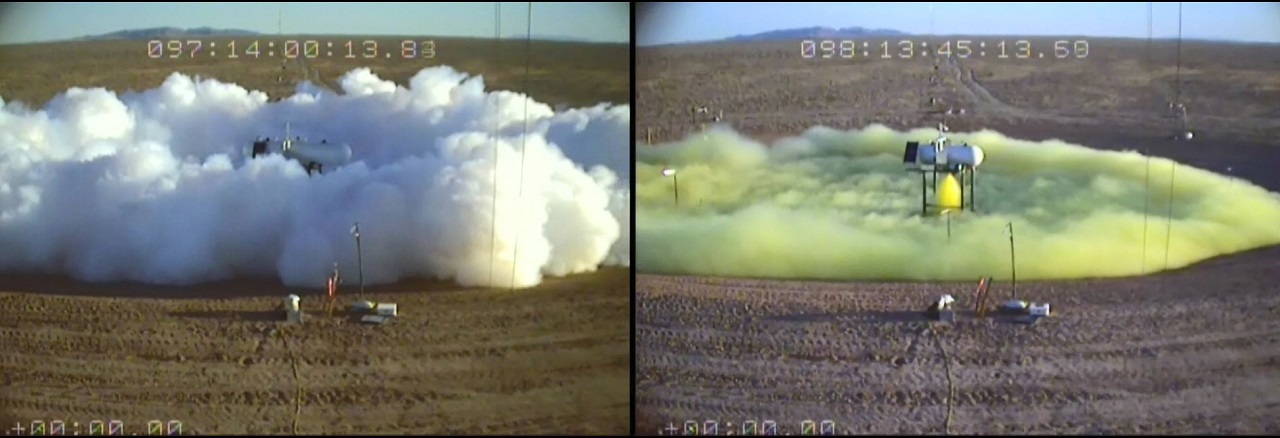 Side-by-side comparison of previous Jack Rabbit test releases of anhydrous ammonia (left) and chlorine (right) .