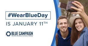 Hashtag Wear Blue Day is January 11th. Image of two people taking a selfie wearing blue clothing. Blue Campaign logo.