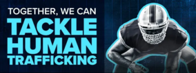 Together we can tackle human trafficking text with image of football player. 