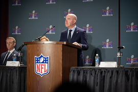 Secretary Mayorkas announces Lyft partnership at Super Bowl press conference. 