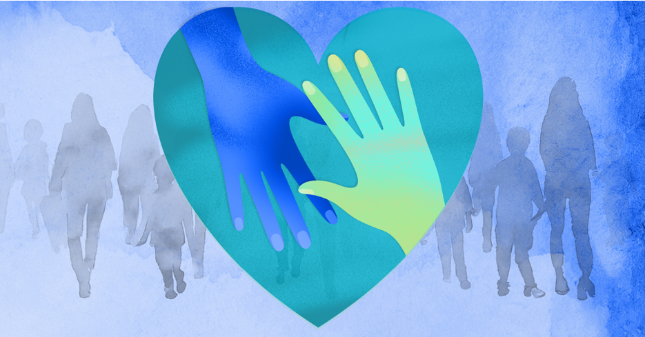 Watercolor-style image of hands and silhouettes of people