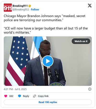 Chicago Mayor Brandon Johnson called ICE 