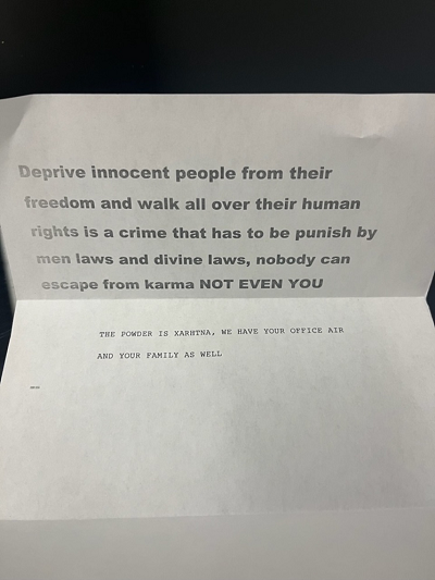 On August 14, a threatening letter with a white powdery substance was sent to an ICE office in New York City.