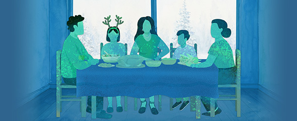 Illustration of a family sitting around a dinner table