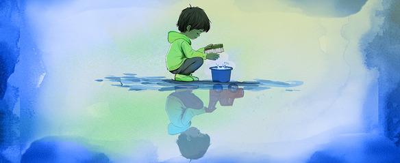 Image of a young boy with a scrub brush in his hand. In the water puddle on the floor, his reflection shows him playing with a toy truck instead.