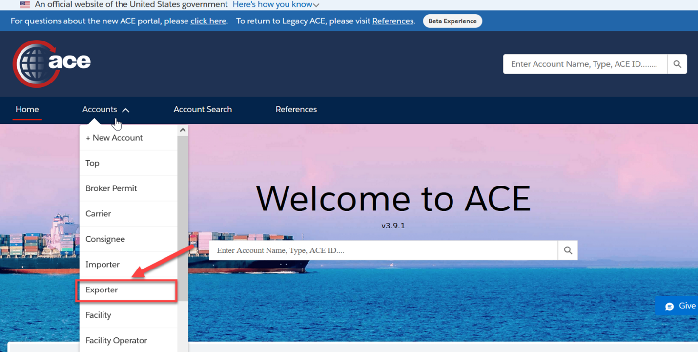Screenshot of the ACE Portal account user dashboard with exporter option selected
