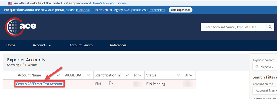 Screenshot of ACE portal exporter access