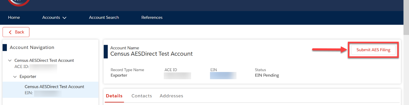 Screenshot of selection "Submit AES filing" as a route to the AESDirect link